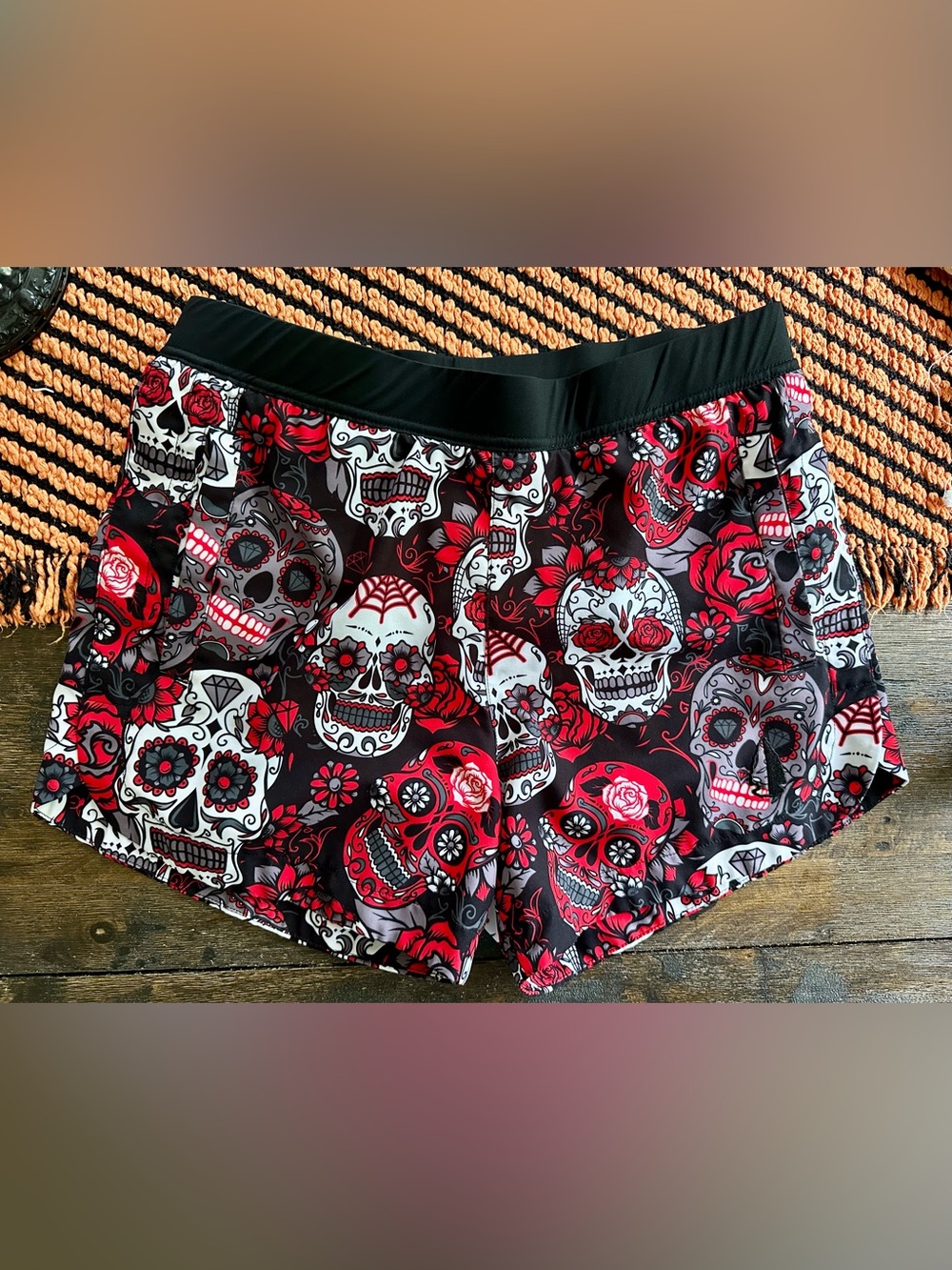 Women's Red & Black Sugar Skull Athletic Shorts